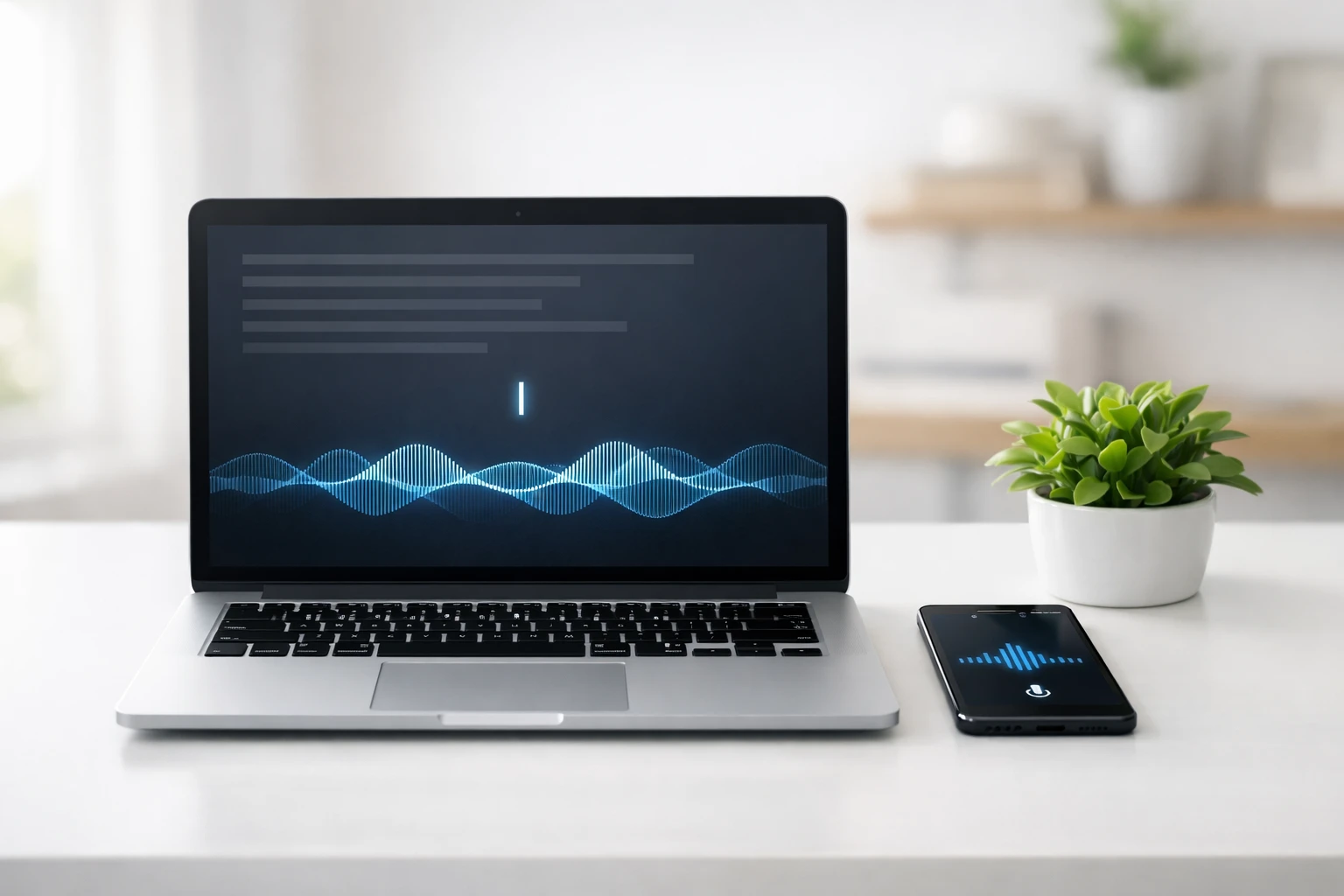 Creation by gigaposts: A clean and modern minimalist office desk featuring a sleek laptop and a smartphone. The laptop screen displays a simplified interface with a glowing text cursor and stylized wave patterns representing voice data. Beside the devices, a small green plant adds a touch of freshness. The background is a soft, out-of-focus home office setting with natural sunlight filtering through. The overall aesthetic is professional, organized, and contemporary, avoiding any futuristic or unrealistic elements, horizontal layout.