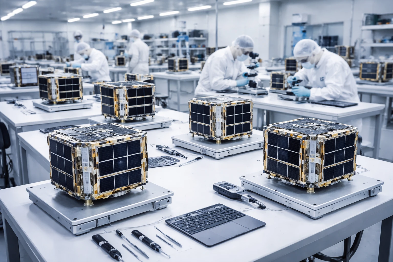 Creation by gigaposts: A professional, wide-angle photograph of a modern satellite assembly facility. In the center, several small, cube-shaped satellites with metallic surfaces and integrated solar panels are neatly arranged on clean white laboratory tables. The environment is a high-tech cleanroom with bright, even lighting and polished floors. In the background, engineers in white cleanroom suits are meticulously working with precision tools. The overall atmosphere is clinical, sophisticated, and realistic, representing current aerospace engineering technology without any futuristic or sci-fi elements, horizontal layout.