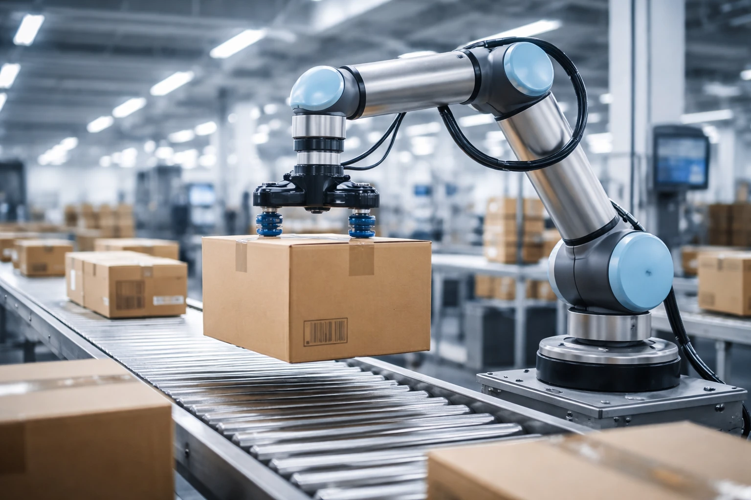 Creation by gigaposts: A realistic and modern photography of a collaborative robot arm in a clean, high-tech logistics center, precisely picking up a cardboard box from a conveyor belt. The lighting is bright and professional, highlighting the metallic texture of the robot and the organized industrial environment. The scene focuses on the practical application of technology in a real-world workplace, horizontal layout.