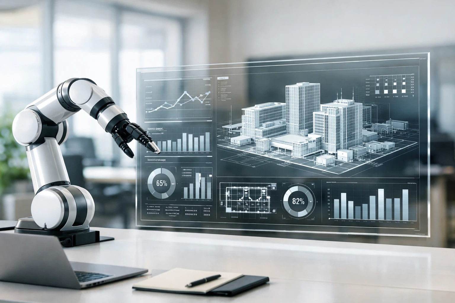 Creation by gigaposts: A high-quality, professional photograph of a clean and modern office environment where a sleek, minimalist robotic arm and a transparent digital holographic display are integrated together. The display shows complex data visualizations and 3D architectural models with clear, sharp lines. The lighting is bright and natural, reflecting a sophisticated tech workspace of 2026. No specific brand logos, no futuristic sci-fi tropes, just a realistic and grounded depiction of advanced workplace technology, horizontal layout.
