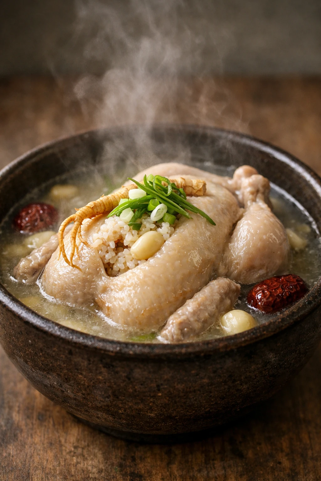 Creation by menumet: Photorealistic vertical food photography of a traditional Korean samgyetang served in a rustic ceramic bowl. A whole young chicken is gently simmered in clear, milky broth, stuffed with glutinous rice, ginseng, jujube, and garlic. Steam rising naturally from the hot soup, conveying warmth and freshness. The chicken skin appears tender and slightly glossy, the broth looks rich yet clean. Soft natural lighting from the side, shallow depth of field, high-detail texture on ingredients. Styled like professional food photography, realistic colors, appetizing atmosphere. Neutral background, minimal props, no people, no text. Vertical composition, ultra-high resolution, DSLR quality, cinematic realism.