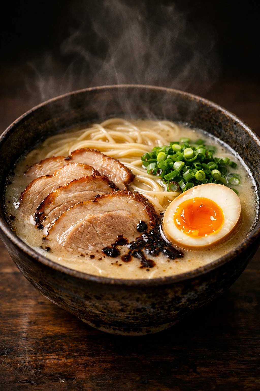 Creation by menumet: Photorealistic vertical food photography of authentic Japanese tonkotsu ramen served in a deep ceramic bowl. Creamy, opaque pork bone broth with a rich ivory color, lightly shimmering with aromatic oil on the surface. Thin straight ramen noodles partially submerged, topped with tender chashu pork slices, soft-boiled marinated egg with a glossy golden yolk, sliced green onions, and black garlic oil. Subtle steam rising from the bowl, conveying warmth and freshly served ramen. Soft directional lighting with warm tones, shallow depth of field, ultra-detailed textures of broth, noodles, and toppings. Styled like high-end Japanese ramen photography, realistic colors, rich umami atmosphere. Dark, minimal background to enhance contrast, no people, no text. Vertical composition, high resolution, DSLR-quality realism, cinematic food photography style.
