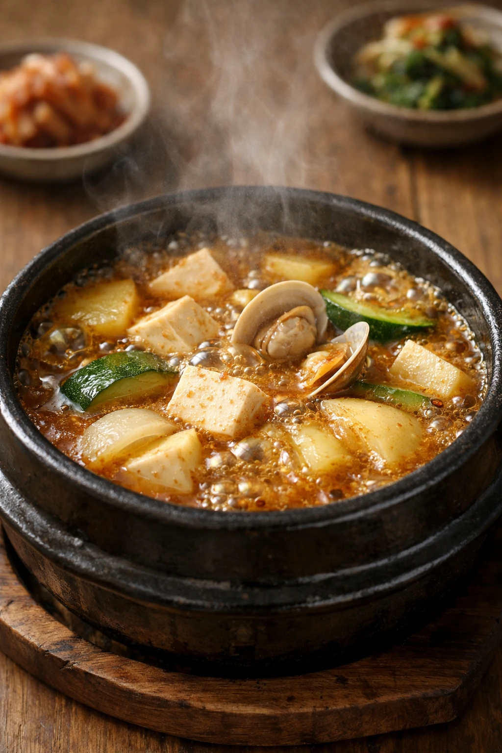 Creation by menumet: Photorealistic vertical food photography of traditional Korean doenjang-jjigae served bubbling hot in a black stone pot (ttukbaegi). Rich brown soybean paste broth actively simmering, with visible chunks of tofu, zucchini, onion, potato, and clams partially submerged. Gentle steam rising from the stew, emphasizing heat, depth, and freshness. The surface of the broth shows natural oil sheen and texture from fermented soybean paste. Soft natural lighting with warm tones, shallow depth of field, ultra-detailed ingredient textures. Styled like authentic Korean home-style food photography, realistic colors, cozy and appetizing atmosphere. Neutral wooden table background, minimal side dishes blurred in the distance, no people, no text. Vertical composition, high resolution, DSLR-quality realism, cinematic food photography.