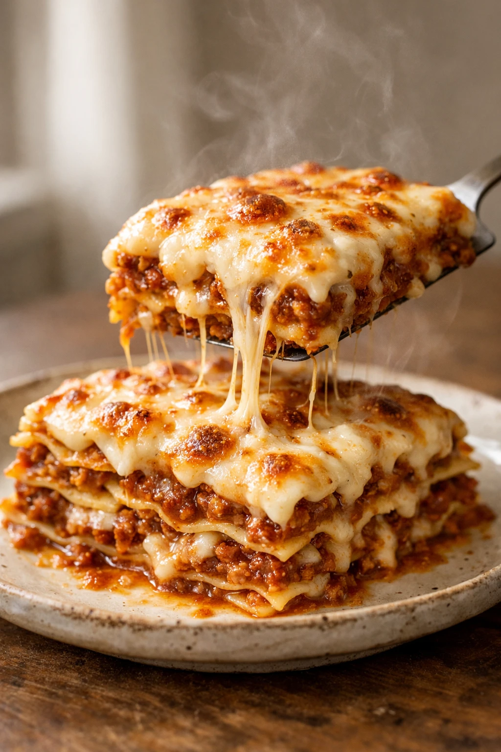 Creation by menumet: Photorealistic vertical food photography of a freshly baked classic Italian lasagna served on a ceramic plate. Multiple visible layers of pasta sheets, rich meat ragù, creamy béchamel sauce, and melted cheese with golden-brown blistered spots on top. Cheese slightly stretching as a slice is lifted, emphasizing warmth and texture. Steam rising subtly from the lasagna, creating a freshly cooked, appetizing mood. Soft natural window light, shallow depth of field, ultra-detailed textures of sauce and pasta layers. Realistic warm color tones, professional food styling, mouthwatering presentation. Neutral background, minimal props, no people, no text. Vertical composition, high resolution, DSLR-quality realism, cinematic food photography style.