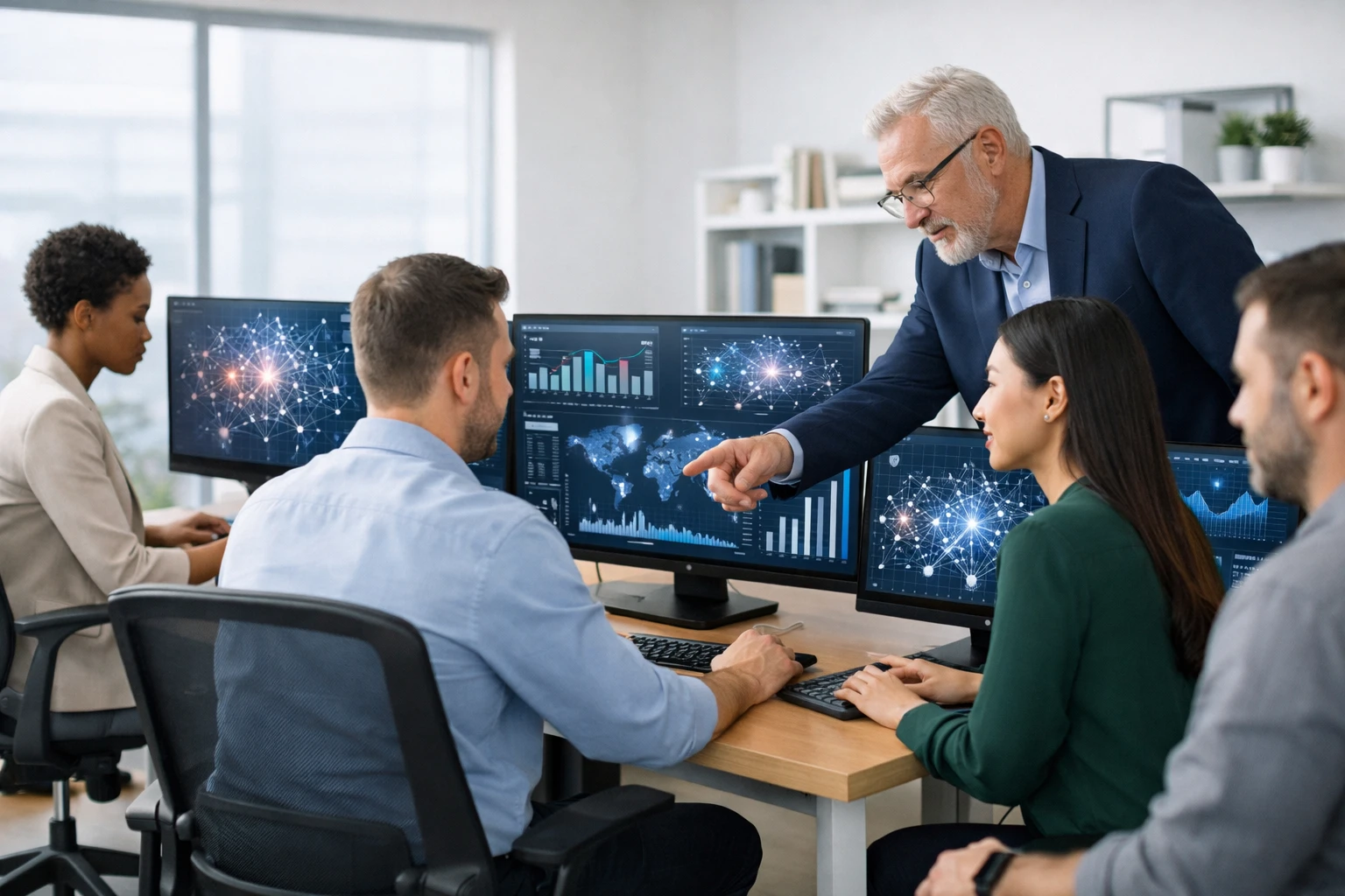 Creation by switkit: A professional and modern office setting showing a small team of diverse professionals working with advanced computer interfaces displaying data charts and abstract neural network patterns. The atmosphere is bright and clean with contemporary furniture. No specific brand logos are visible. The focus is on the integration of human oversight and artificial intelligence software in a corporate environment. horizontal layout.