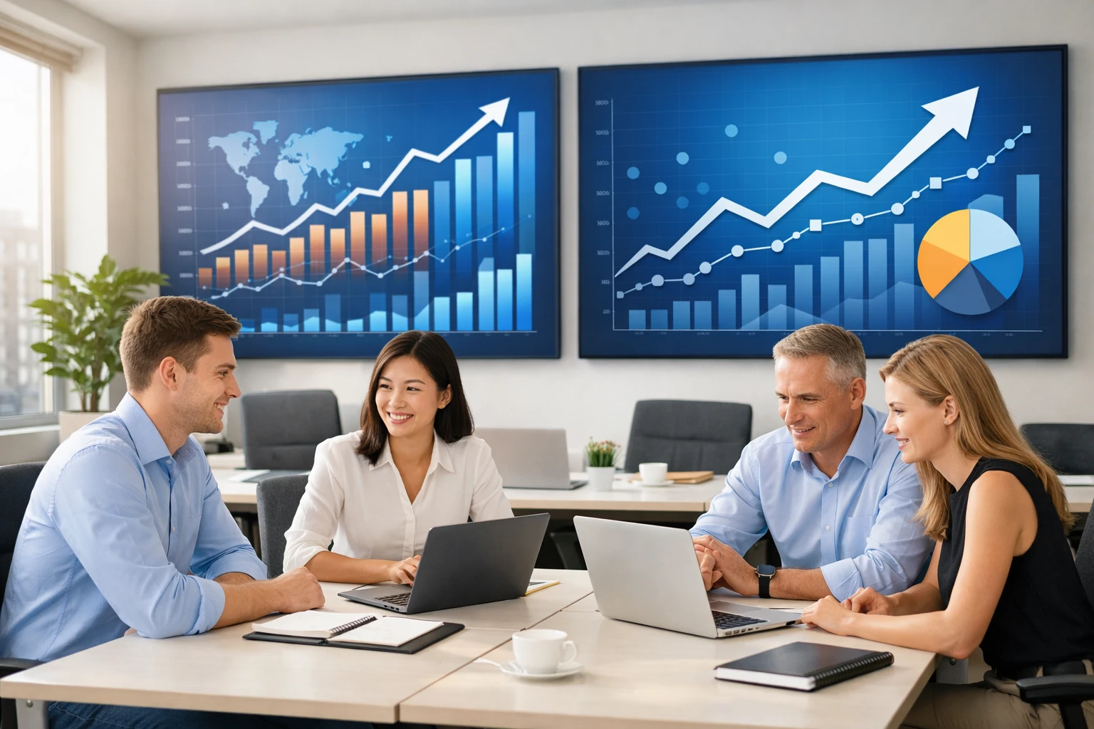 Creation by switkit: A bright and modern office environment showing a small team of professional employees working collaboratively with clean, minimalist desks. Large digital screens in the background display abstract data visualization charts and upward-trending lines, symbolizing productivity and business growth. The setting is a contemporary corporate interior with natural sunlight, ergonomic furniture, and a focused, calm atmosphere. No specific brand logos or futuristic elements. horizontal layout.
