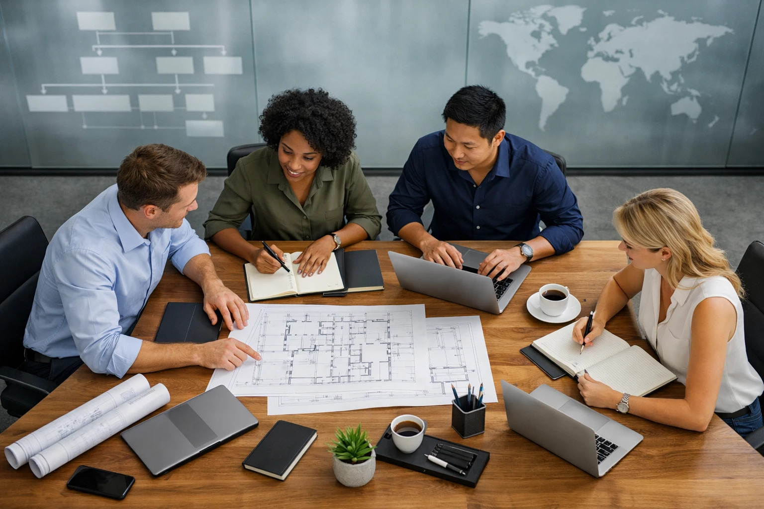 Creation by switkit: A professional and clean overhead shot of a modern office workspace where a small group of diverse professionals are collaborating around a large wooden table. The table is organized with sleek laptops, minimalist notebooks, and architectural blueprints. In the background, a translucent glass wall displays a blurred organizational flow chart and global map. The lighting is bright and natural, creating a productive and sophisticated atmosphere. No specific brand logos or futuristic elements. horizontal layout.