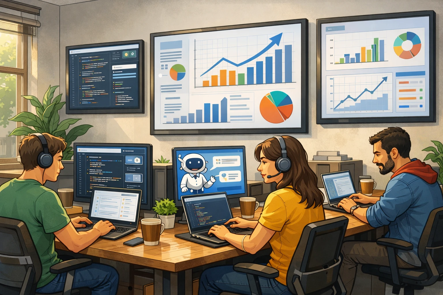 Creation by zlive: Illustration of a small startup office with a few employees working on laptops, AI dashboard screens assisting coding and customer support, financial charts on a wall display, horizontal layout, detailed illustration style, natural office lighting, no text in the image
