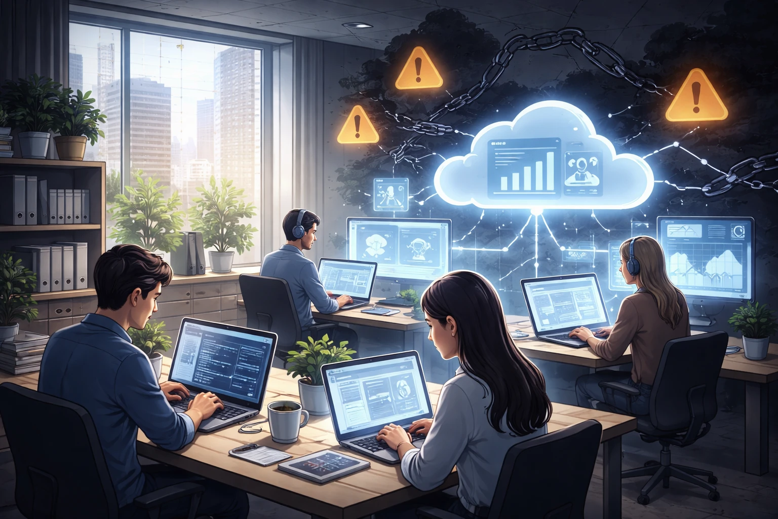 Creation by zlive: Illustration of a small startup office relying on AI tools, a team of few people working with laptops connected to cloud servers, visual contrast between glowing AI interface screens and shadowy risk elements like warning icons and broken chains, horizontal layout, detailed office environment, no text in the image