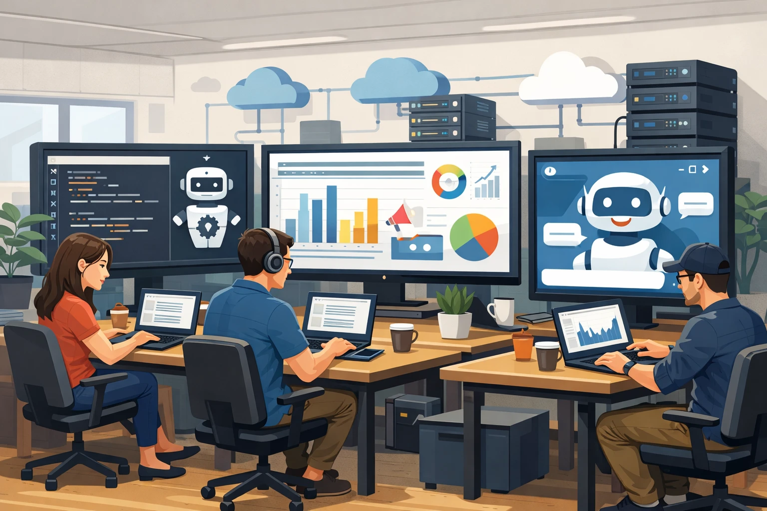 Creation by zlive: Illustration of a small startup office with a compact team working on laptops, AI dashboard screens showing automated code generation and marketing analytics, a chatbot interface on a monitor, cloud server icons in the background, horizontal layout, detailed illustration style, no text