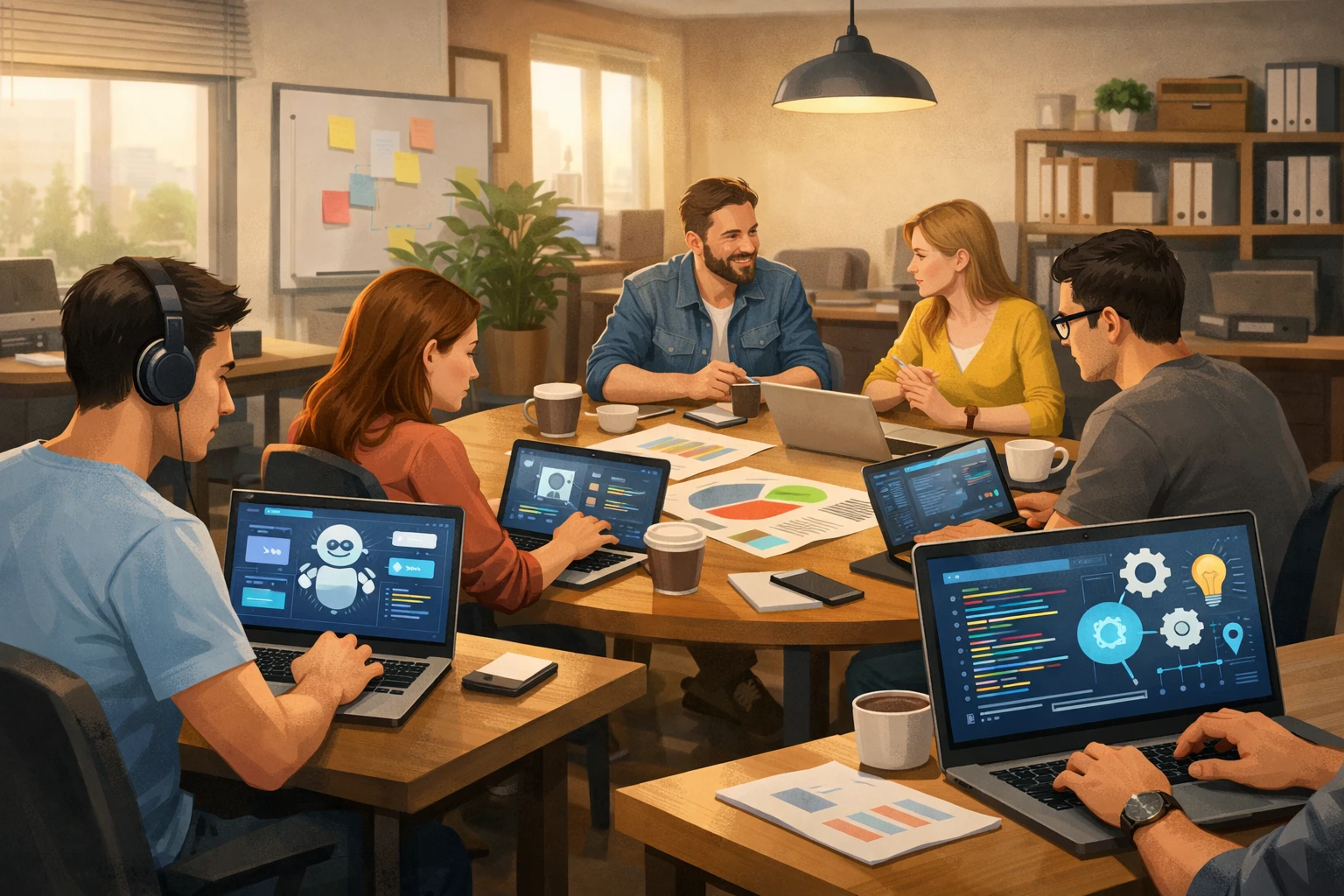 Creation by zlive: Illustration of a small startup office with a compact team working on laptops, AI assistant displayed on computer screens as abstract interface graphics, casual meeting table with charts, horizontal layout, detailed office environment, soft indoor lighting, no text