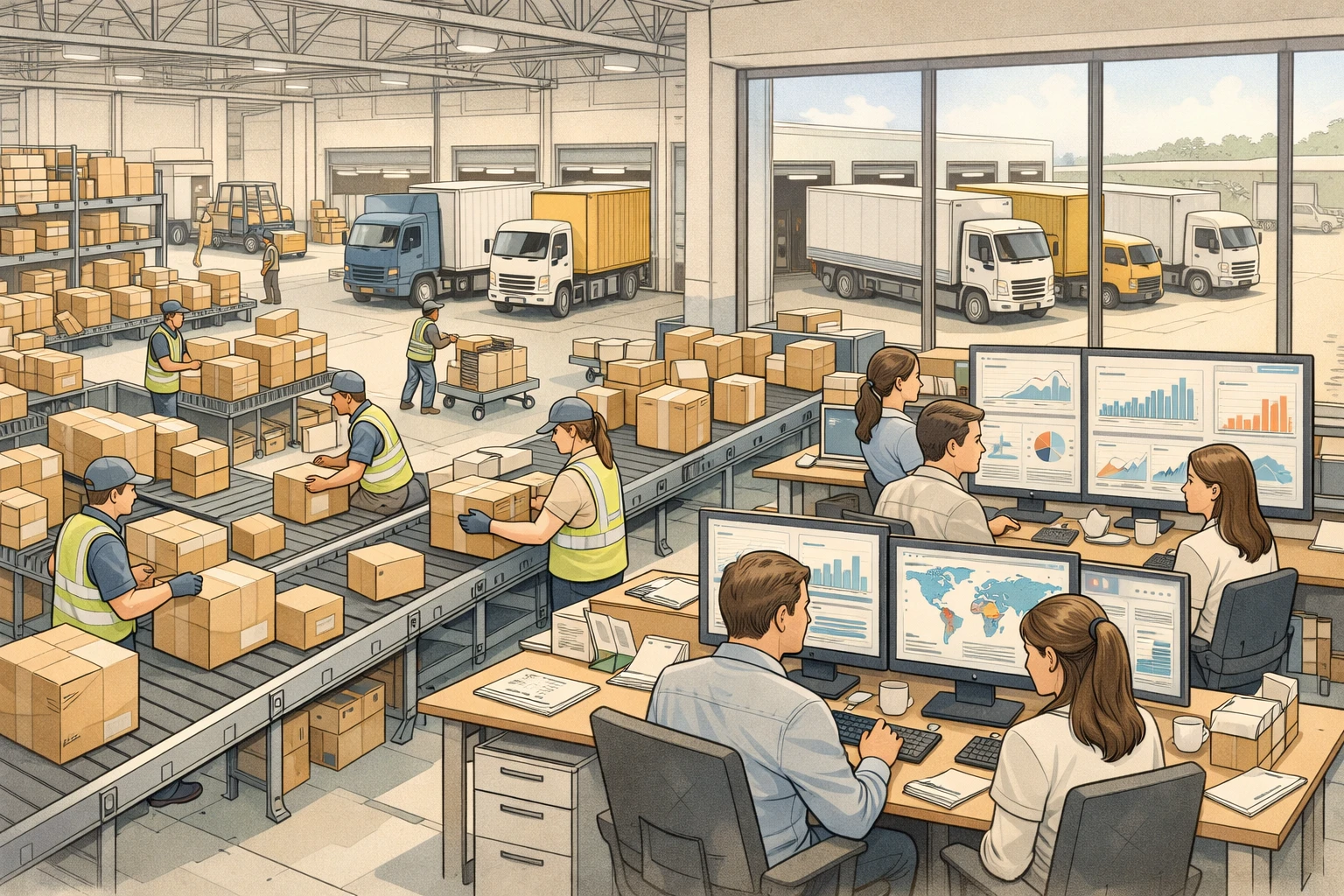 Creation by zlive: horizontal layout, illustration of a large warehouse interior with workers sorting packages, conveyor belts moving boxes, delivery trucks waiting outside loading docks, office area with analysts looking at data dashboards on computer screens, balanced composition, detailed line art, soft color palette, no text