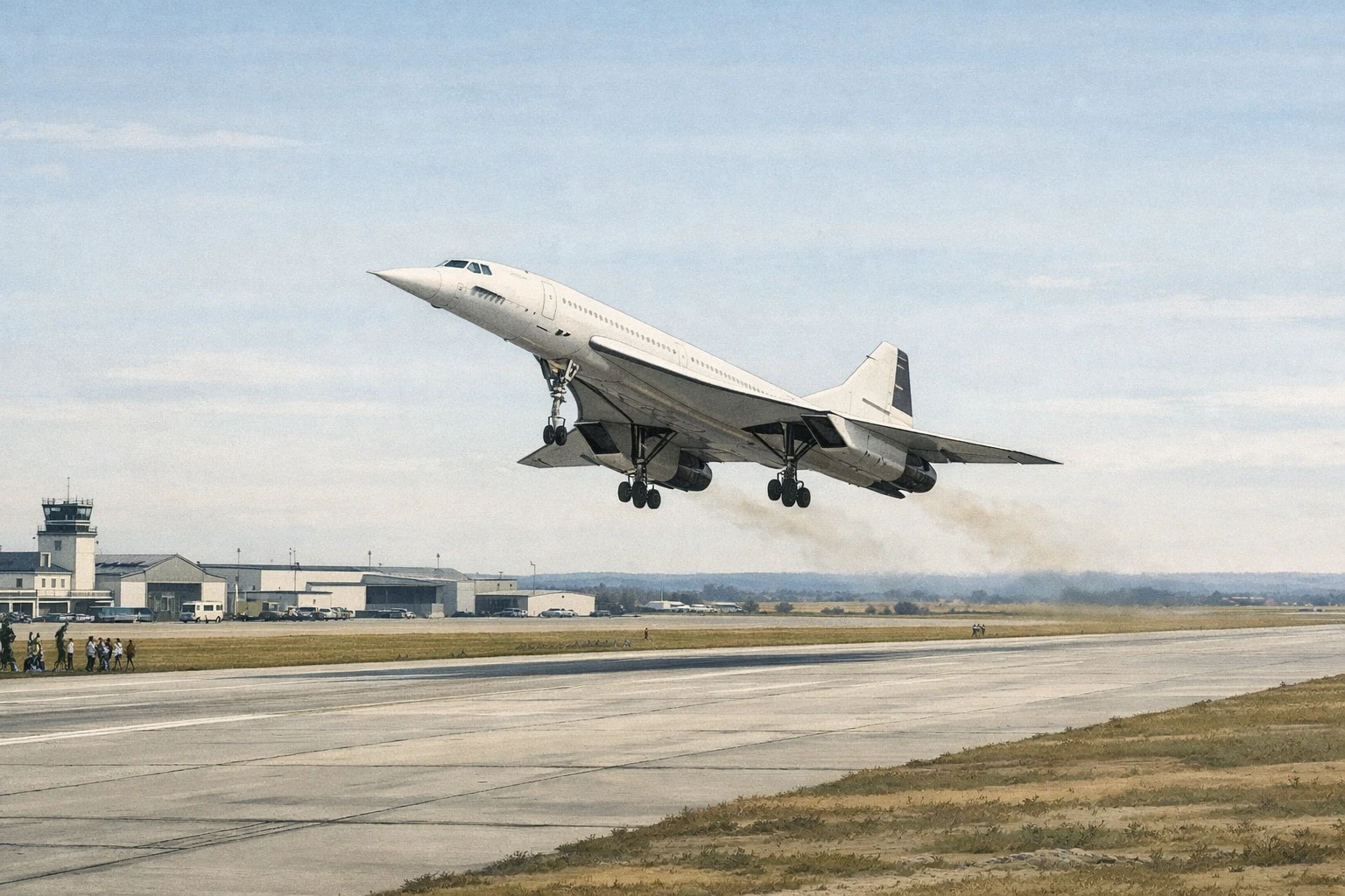 Creation by bday.now: Wide horizontal illustration capturing a historic moment in aerospace engineering and commercial aviation history.
The scene depicts March 2, 1969, during the first flight of the Concorde prototype 001.
At the center, the Concorde 001 is shown lifting off the runway,
its distinctive slender fuselage and delta wing clearly visible,
with landing gear extended in the initial climb phase, accurately reflecting the prototype configuration of the era.
The environment dominates the composition:
Toulouse-Blagnac Airport in France stretches across the frame,
with expansive runway concrete, low airport buildings, and distant flat countryside under an open early-spring sky.
Clear daylight and crisp air emphasize scale and the isolation of the aircraft against the wide horizon.
The mood is quiet and observational,
balancing technological ambition with the vastness of the sky and surrounding landscape.
Clean, detailed illustration style,
documentary-inspired, editorial illustration.
Non-photorealistic, realistic proportions,
no cinematic lighting, no exaggeration, no text.
Muted, natural color palette.
Wide aspect ratio. Style locked:
historical documentary illustration,
environment-first composition,
human-scale achievement,
no dramatization, no hero posing,
no modern graphic design elements.