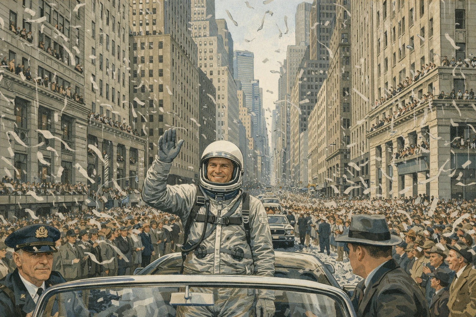 Creation by bday.now: Wide horizontal illustration capturing a historic moment in space exploration and American civic celebration.
The scene depicts March 1, 1962, during the massive ticker-tape parade honoring astronaut John Glenn after becoming the first American to orbit the Earth.
At the center, John Glenn is shown standing in an open-top vehicle, modestly waving to the crowd,
wearing an early 1960s NASA astronaut uniform appropriate to the Mercury program era.
The environment dominates the composition:
Lower Manhattan stretches across the frame, with tall mid-century skyscrapers lining the streets,
and cascading paper ticker tape falling from office windows, emphasizing scale and the overwhelming presence of the crowd.
The mood is observational rather than dramatic,
balancing collective civic pride with the density and vertical grandeur of the urban landscape.
Clean, detailed illustration style,
documentary-inspired, editorial illustration.
Non-photorealistic, realistic proportions,
no cinematic lighting, no exaggeration, no text.
Muted, natural color palette.
Wide aspect ratio. Style locked:
historical documentary illustration,
environment-first composition,
human-scale achievement,
no dramatization, no hero posing,
no modern graphic design elements.