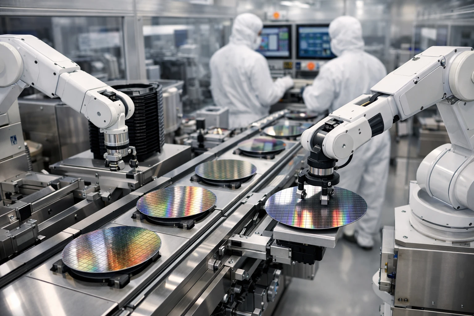 Creation by switkit: A high-angle, professional photograph of a modern automated semiconductor cleanroom production line. Precise robotic arms are moving silicon wafers along a sleek, metallic conveyor system. The lighting is bright and neutral, reflecting off clean glass and steel surfaces. In the background, blurred technician figures in white cleanroom suits are monitoring digital displays. The atmosphere is clinical, highly organized, and represents contemporary industrial technology without any futuristic or sci-fi elements. horizontal layout.
