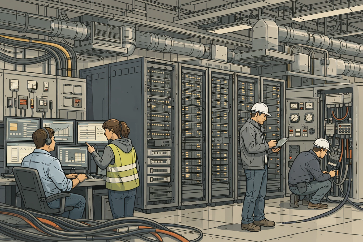 Creation by zlive: Illustration of a large data center interior with server racks and cooling systems, engineers monitoring power usage on screens, power cables and electrical panels visible, focus on energy consumption concept, horizontal layout, detailed line art style, muted colors, no text in the image