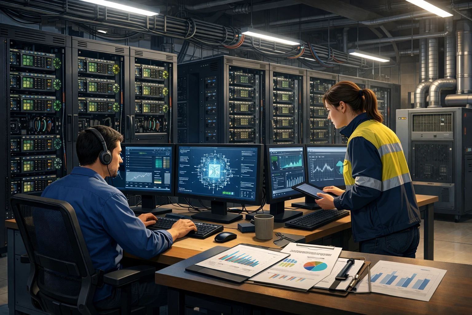 Creation by zlive: An illustration of a data center server room with engineers monitoring AI systems on computer screens, racks of GPUs, cables and cooling systems visible, business charts on a desk without readable text, horizontal layout, detailed digital illustration, natural indoor lighting, no text in the image