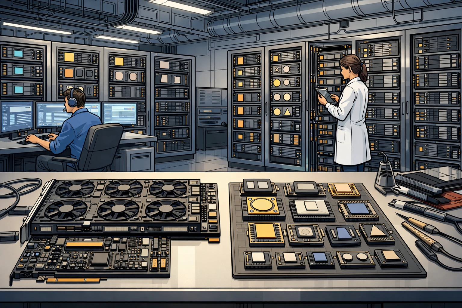 Creation by zlive: horizontal layout illustration of a data center server room with engineers monitoring AI servers, racks filled with different AI chips labeled only by shapes not text, comparison between large GPU boards and smaller specialized AI chips on a worktable, cables and cooling systems visible, detailed lighting, clean line art style, no text in the image
