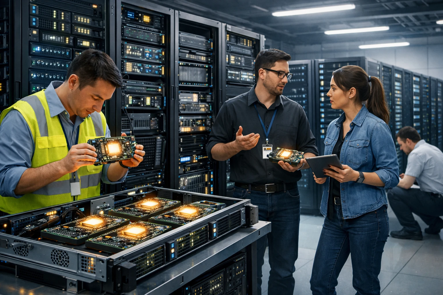 Creation by zlive: Illustration of a data center interior with server racks and engineers examining AI accelerator chips, horizontal layout, detailed server hardware, glowing processor boards, professionals discussing near a rack, clean industrial environment, no text in the image