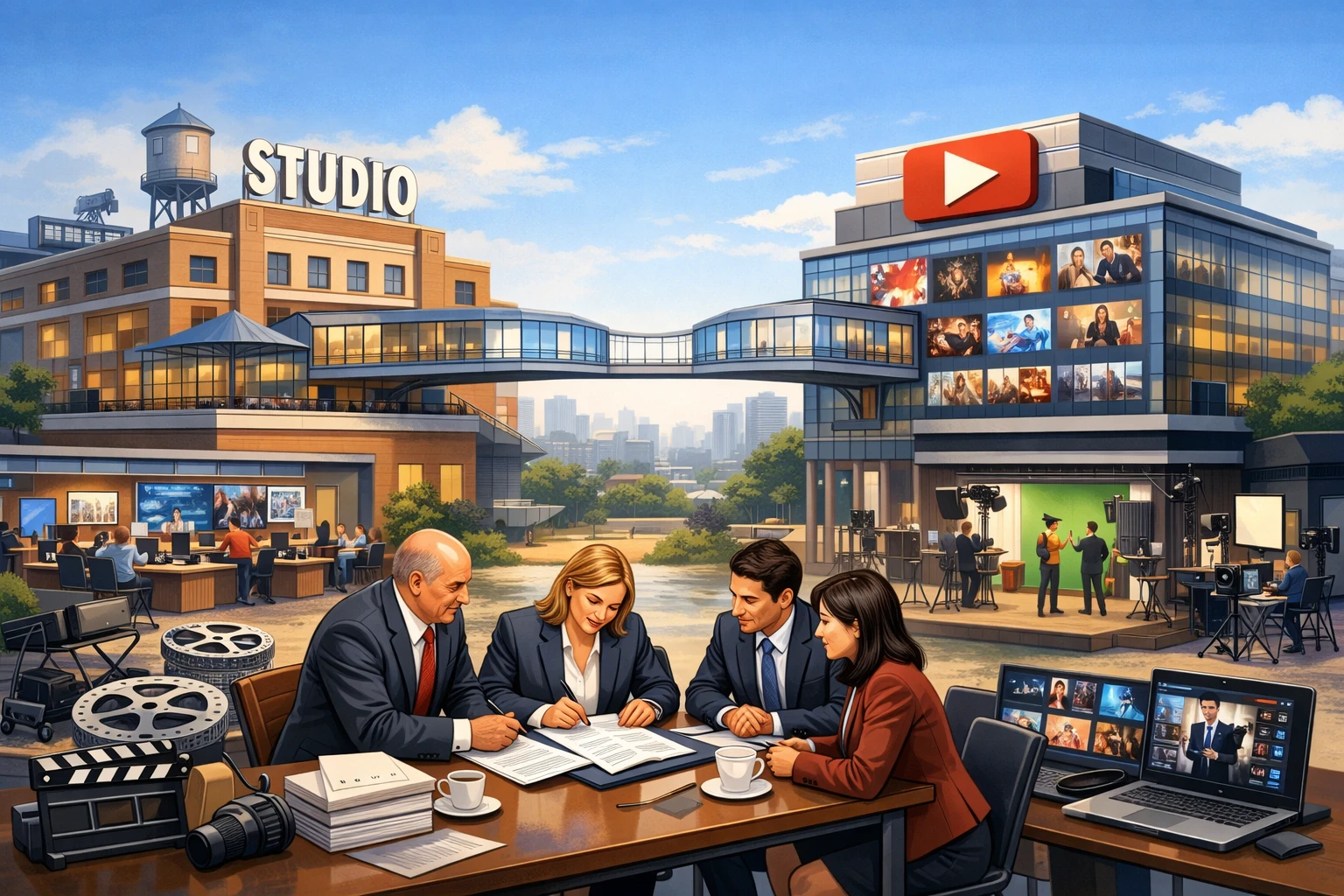 Creation by zlive: Illustration of a corporate media merger scene, large studio building and streaming platform office being connected by bridges, executives reviewing contracts at a table, film reels and digital screens symbolizing content ownership, newsroom and production set in the background, horizontal layout, detailed illustration style, no text