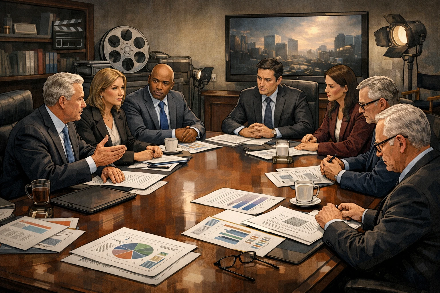 Creation by zlive: horizontal layout, illustration of a corporate boardroom meeting with executives discussing a large media merger, documents and charts on the table, subtle Hollywood studio elements like film reels and a television screen in the background, serious atmosphere, detailed drawing style, no text