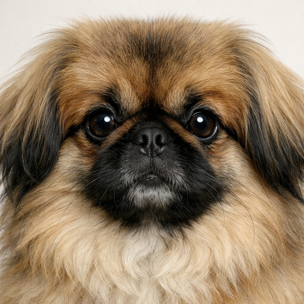 Creation by peticker: A highly realistic portrait of a Pekingese, face close-up, centered composition, looking at the camera, detailed fur texture, natural eyes, soft studio lighting, clean plain background, premium pet photography style, ultra detailed, realistic skin and fur, sharp focus, square layout