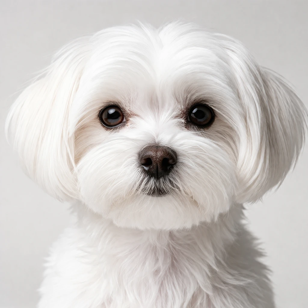 Creation by peticker: A highly realistic portrait of a Maltese, face close-up, centered composition, looking at the camera, detailed fur texture, natural eyes, soft studio lighting, clean plain background, premium pet photography style, ultra detailed, realistic skin and fur, sharp focus, square layout