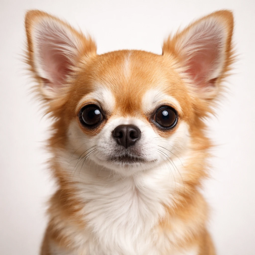 Creation by peticker: A highly realistic portrait of a Chihuahua, face close-up, centered composition, looking at the camera, detailed fur texture, natural eyes, soft studio lighting, clean plain background, premium pet photography style, ultra detailed, realistic skin and fur, sharp focus, square layout