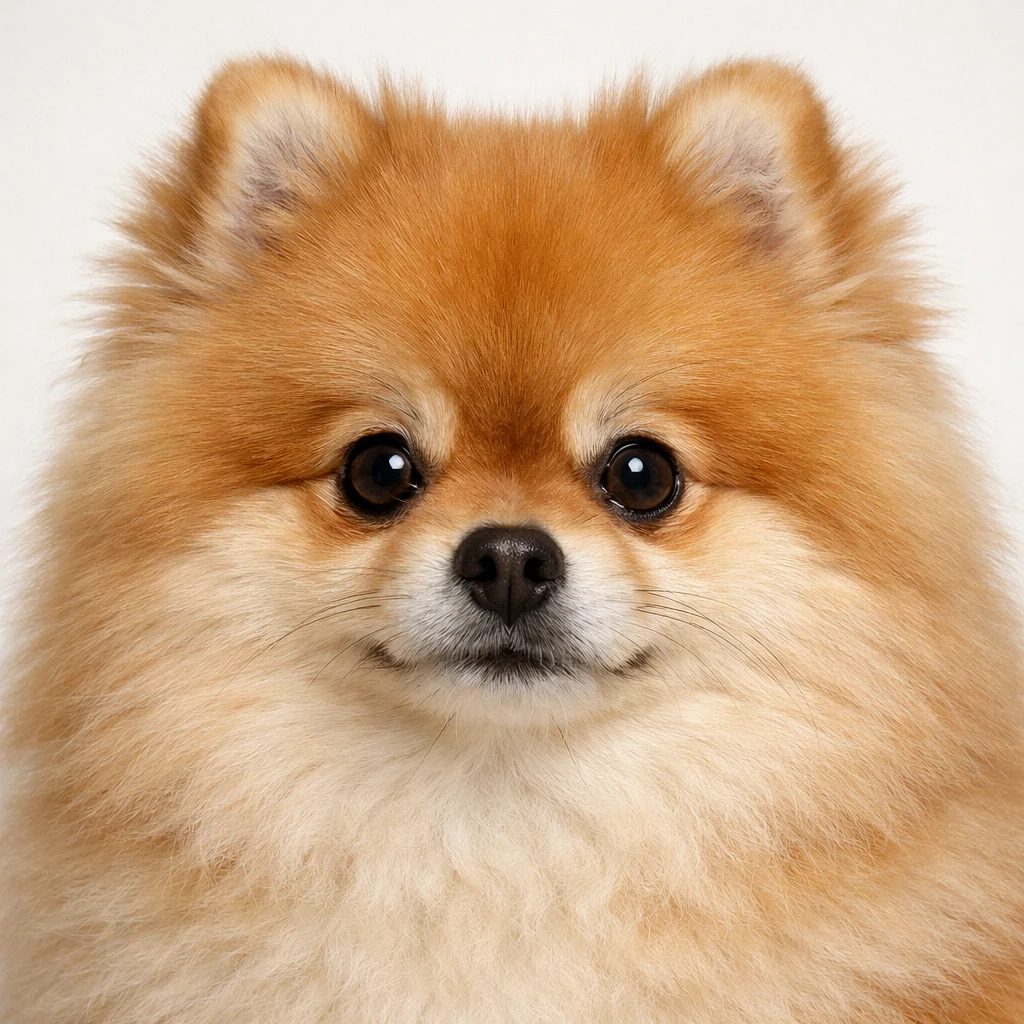 Creation by peticker: A highly realistic portrait of a Pomeranian, face close-up, centered composition, looking at the camera, detailed fur texture, natural eyes, soft studio lighting, clean plain background, premium pet photography style, ultra detailed, realistic skin and fur, sharp focus, square layout